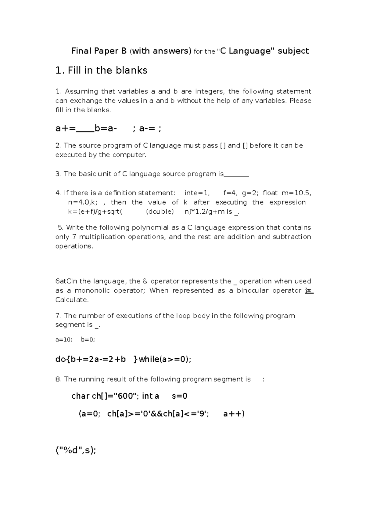 Final Paper B (with Answers) For The "C Language" Subject - Final Paper ...