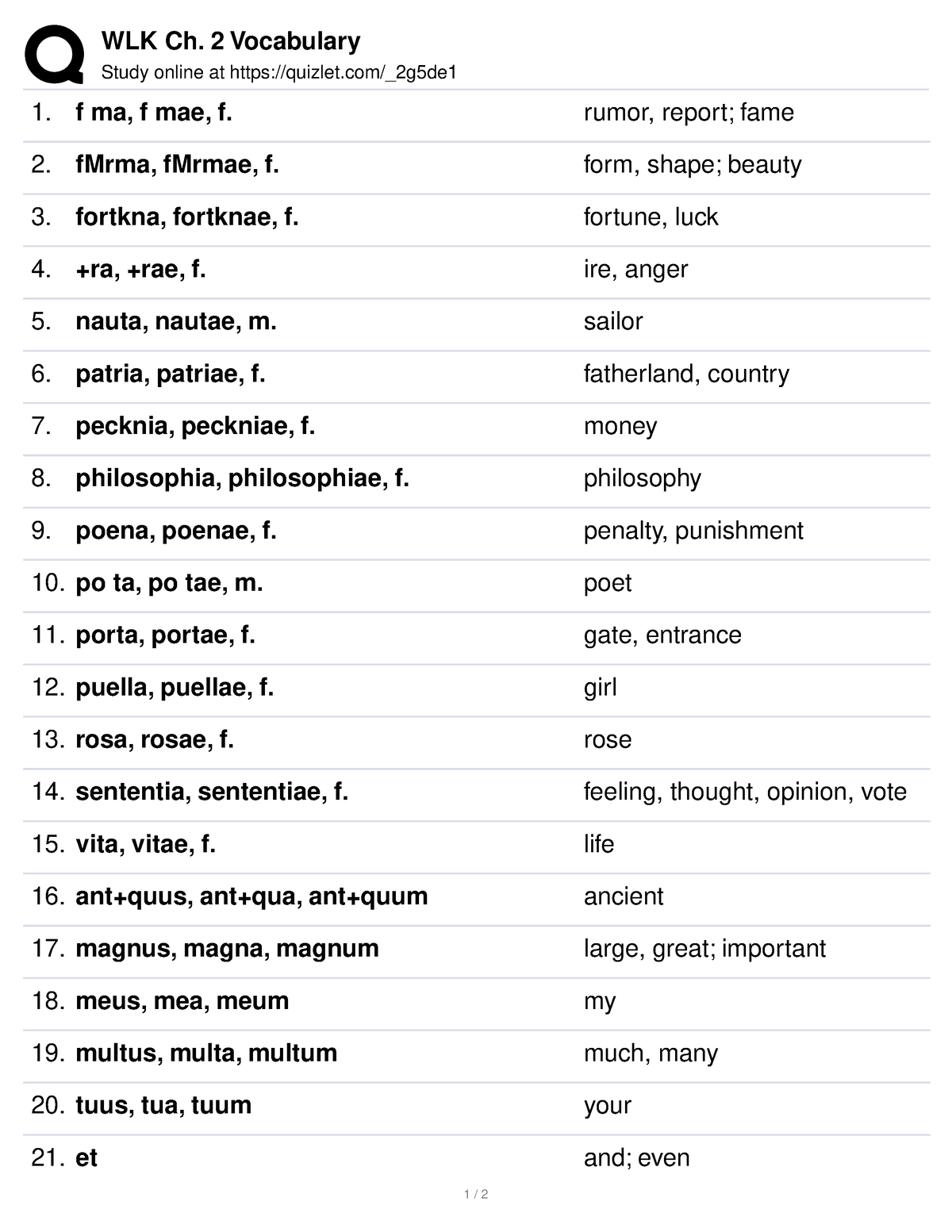 Chapt 2 Vocabulary Latin - Wlk Ch. 2 Vocabulary Study Online At Quizlet 