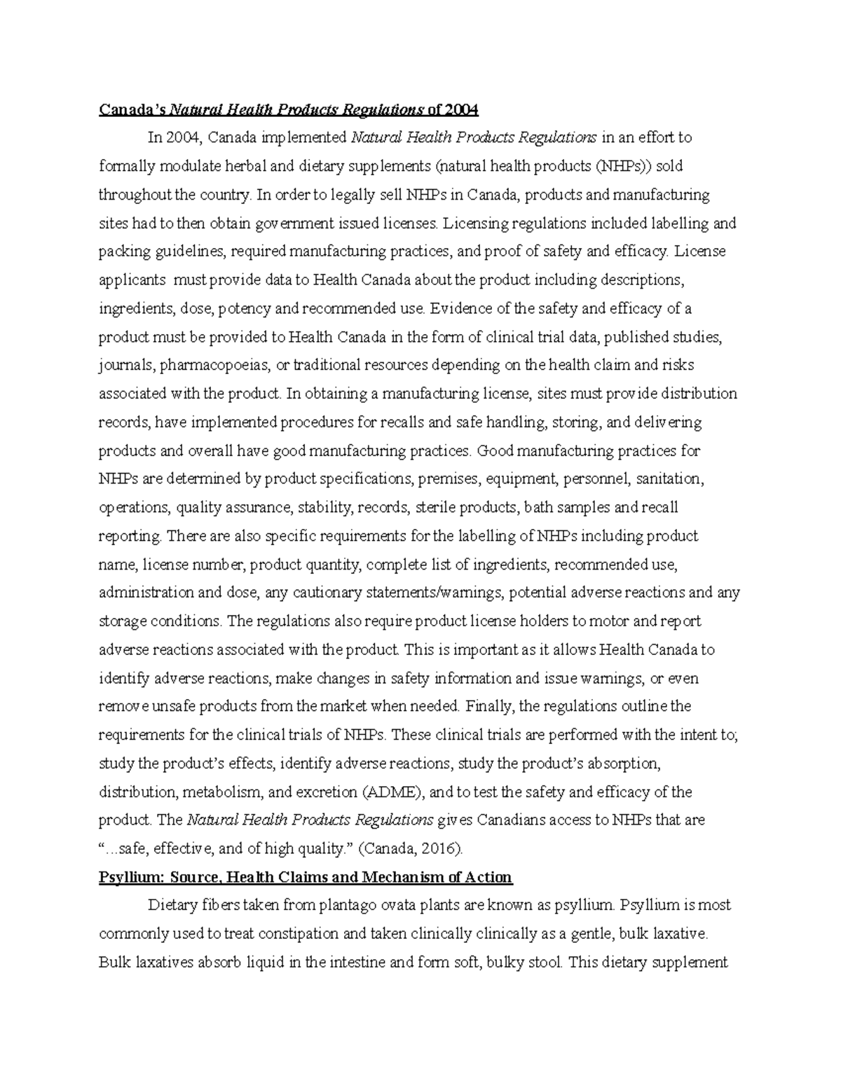 PHAR100 Dietary Supplement Report Psyllium Canada’s Natural Health