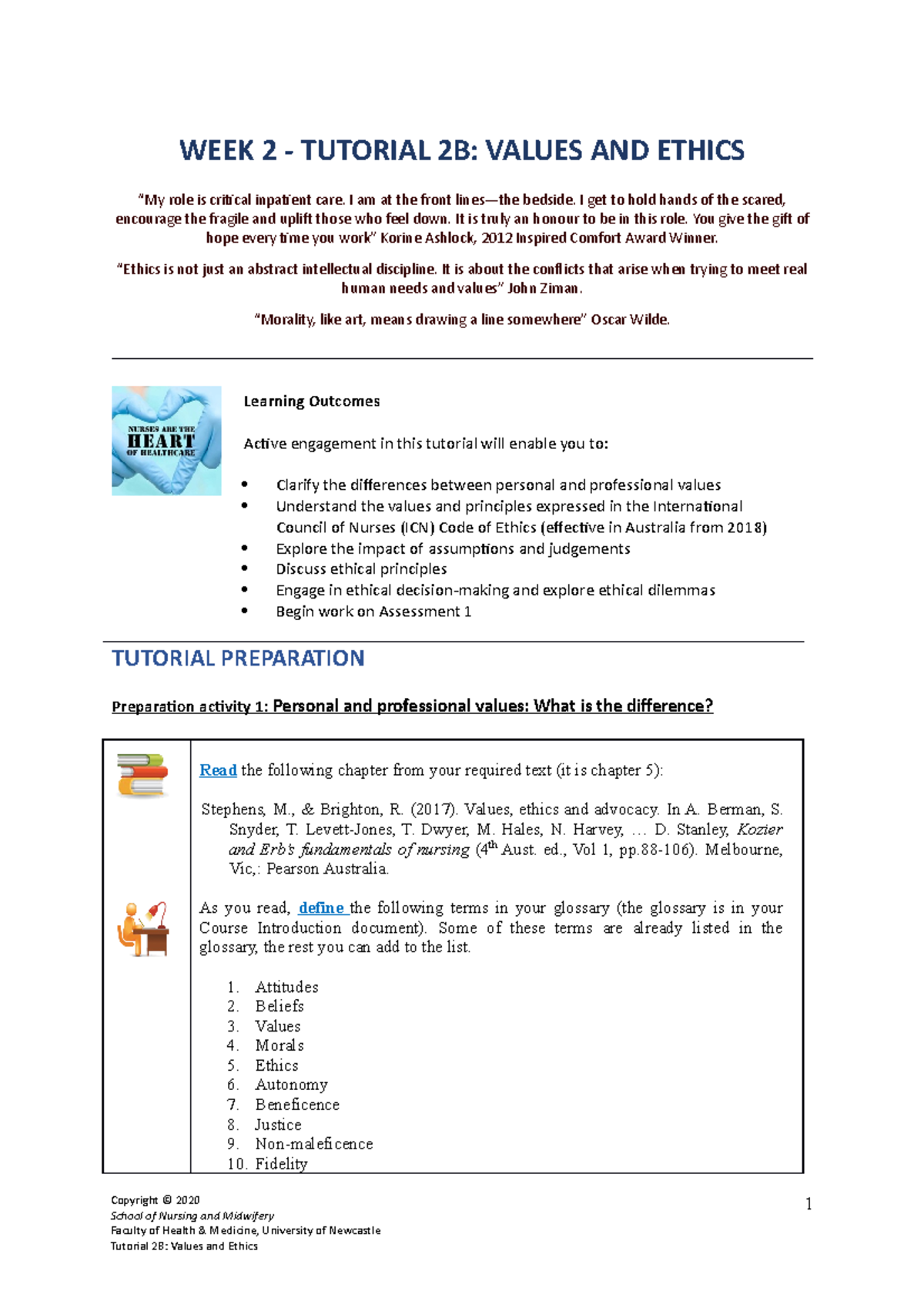 Week 2-Tutorial 2B-Nursing (1) - WEEK 2 - TUTORIAL 2B: VALUES AND ...