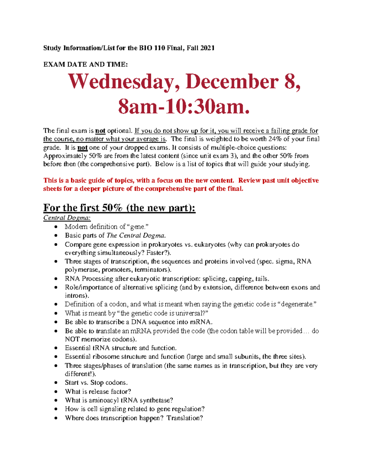 Final Exam Review Topics - Study Information/List for the BIO 110 Final ...