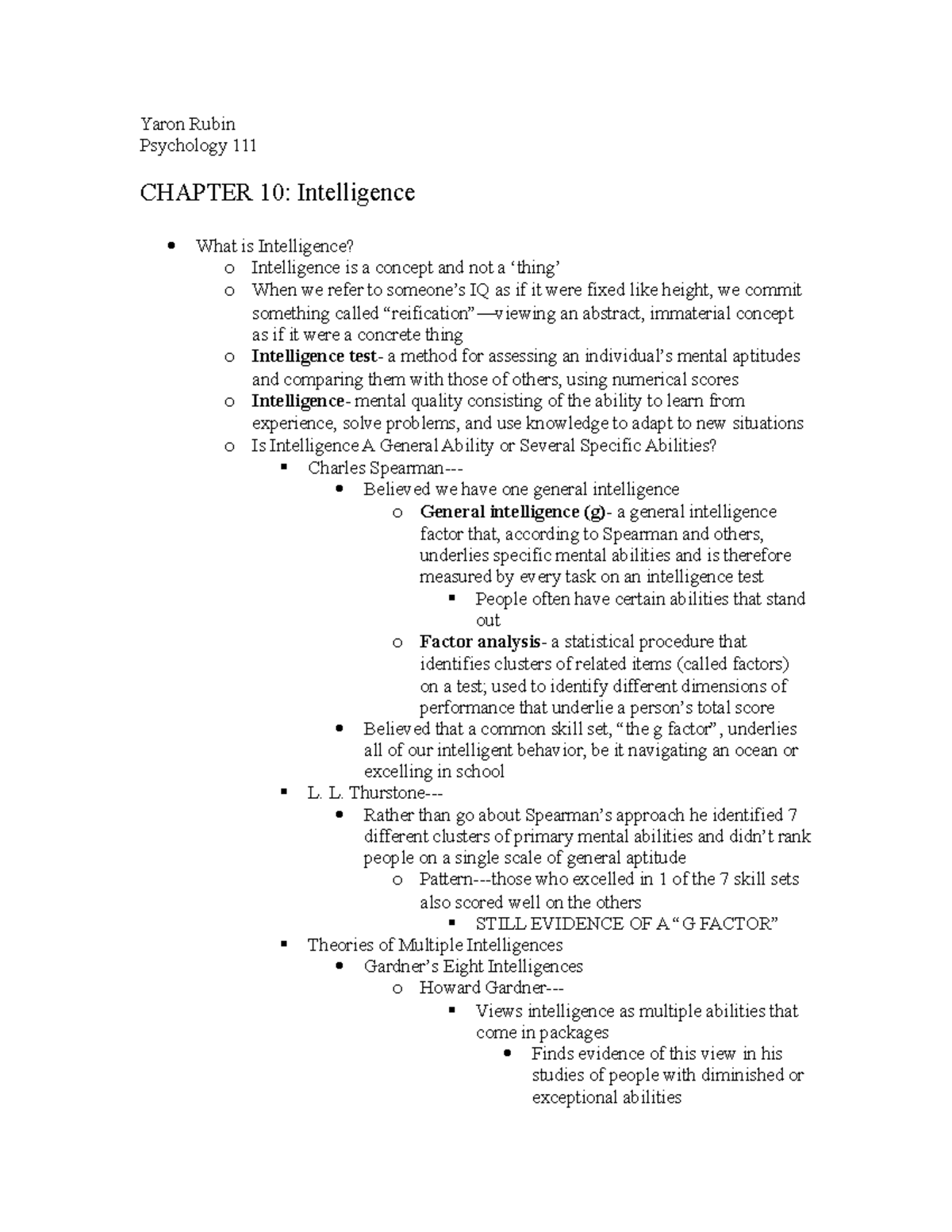 Psych 111 Chapter 10 and Smart Kids Notes - Yaron Rubin Psychology ...