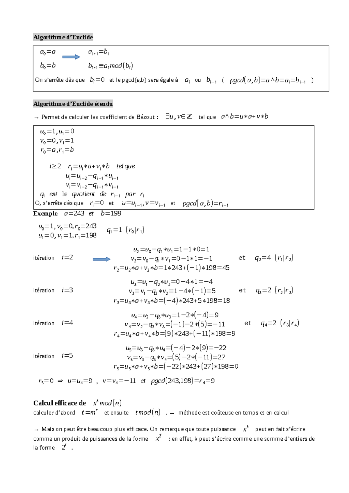 Seance 5 - cryptographie rsa - Algorithme d’Euclide a 0 =a ai + 1 =bi b ...