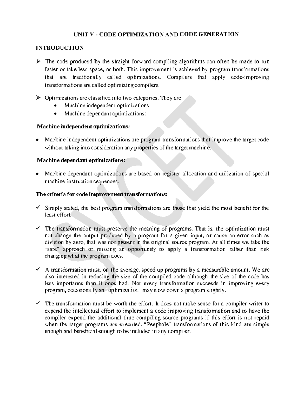 Code optimization and code generation - UNIT V - CODE OPTIMIZATION AND ...