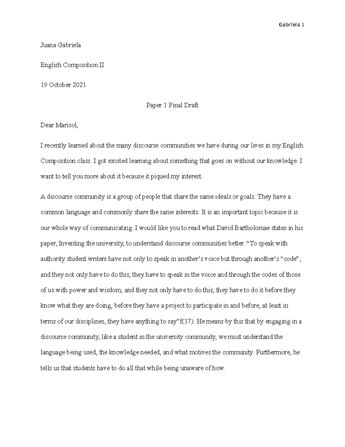 Paper 1 Final Draft - Juana Gabriela - Gabriela 1 Juana Gabriela ...