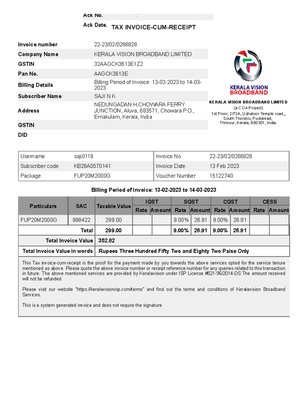 19785707 KERALA VISION BROADBAND LIMITED (a COA Project) 1st Floor, 2