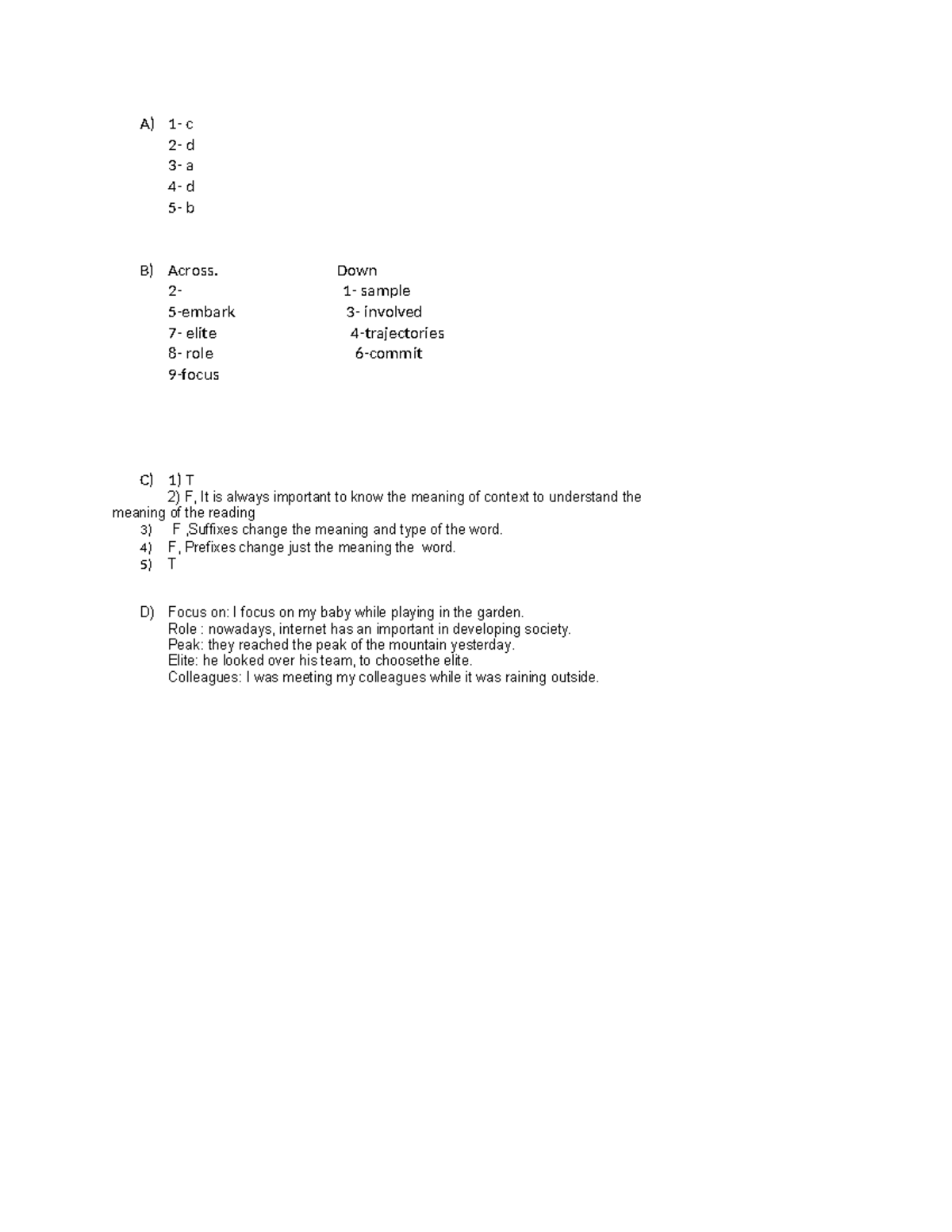 Document - A) 1- c 2- d 3- a 4- d 5- b B) Across. Down 2- 1- sample 5 ...