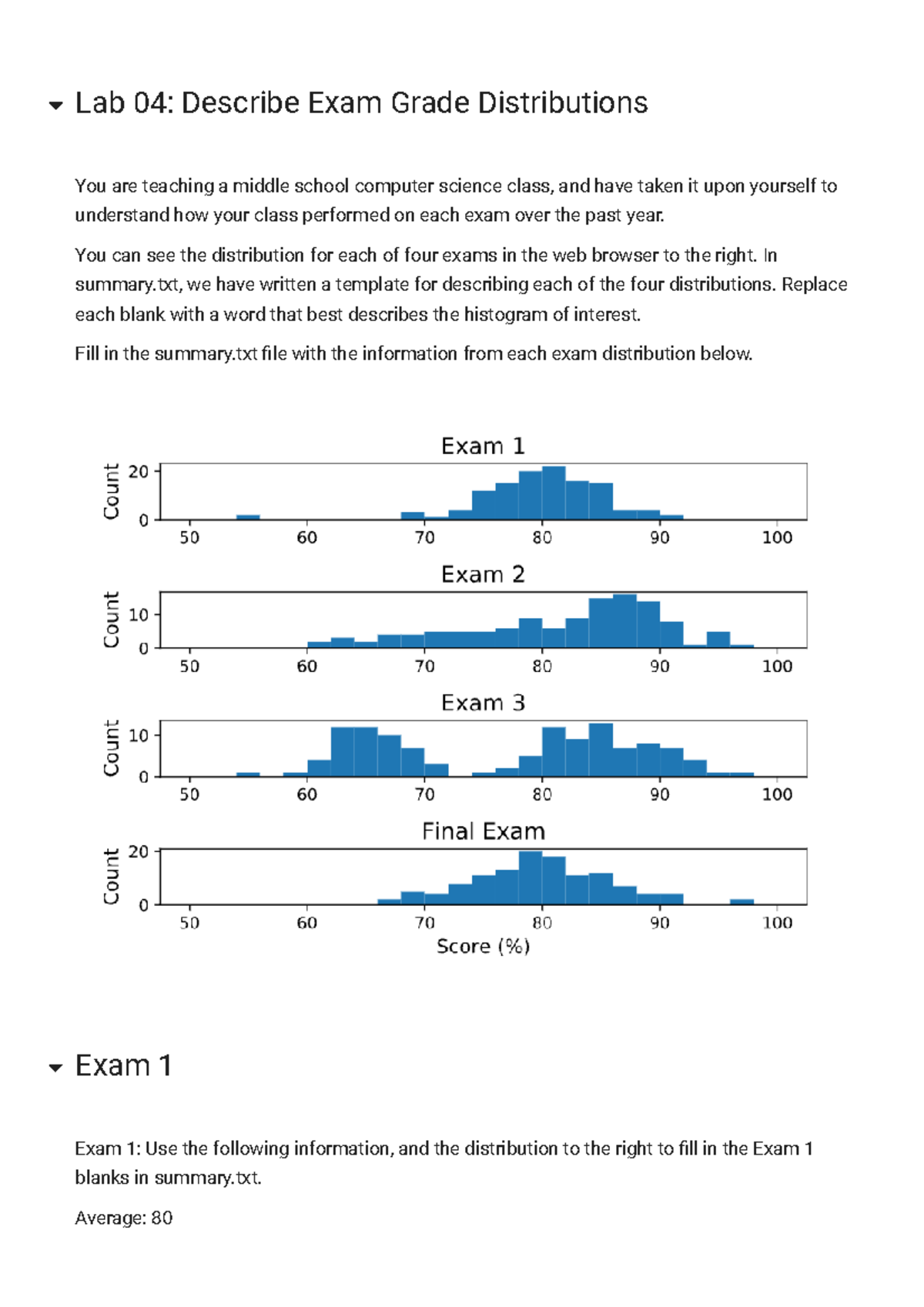 Lab 4 Lab 04 Describe Exam Grade Distributions Lab 04 Describe