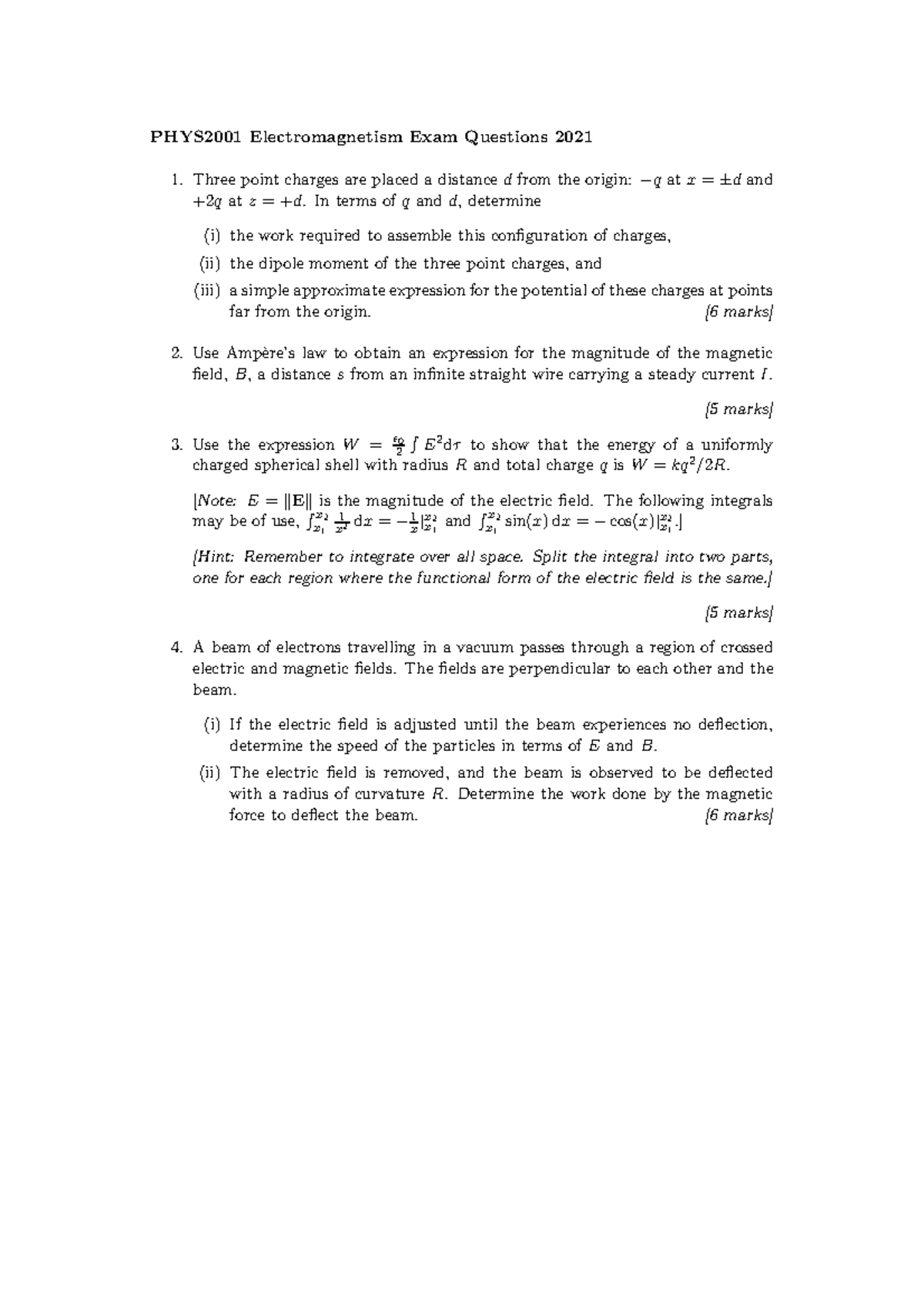 PHYS2001 2021 EM Exam - PHYS 2001 EM Exam - PHYS2001 Electromagnetism ...