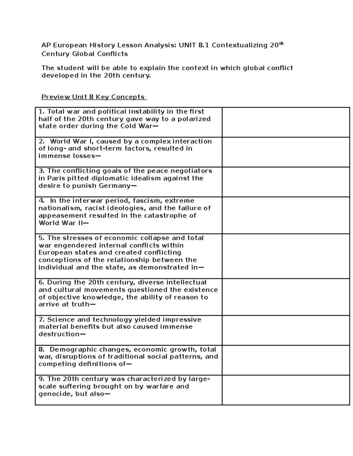 AP Euro 8 Notes AP European History Lesson Analysis UNIT 8 