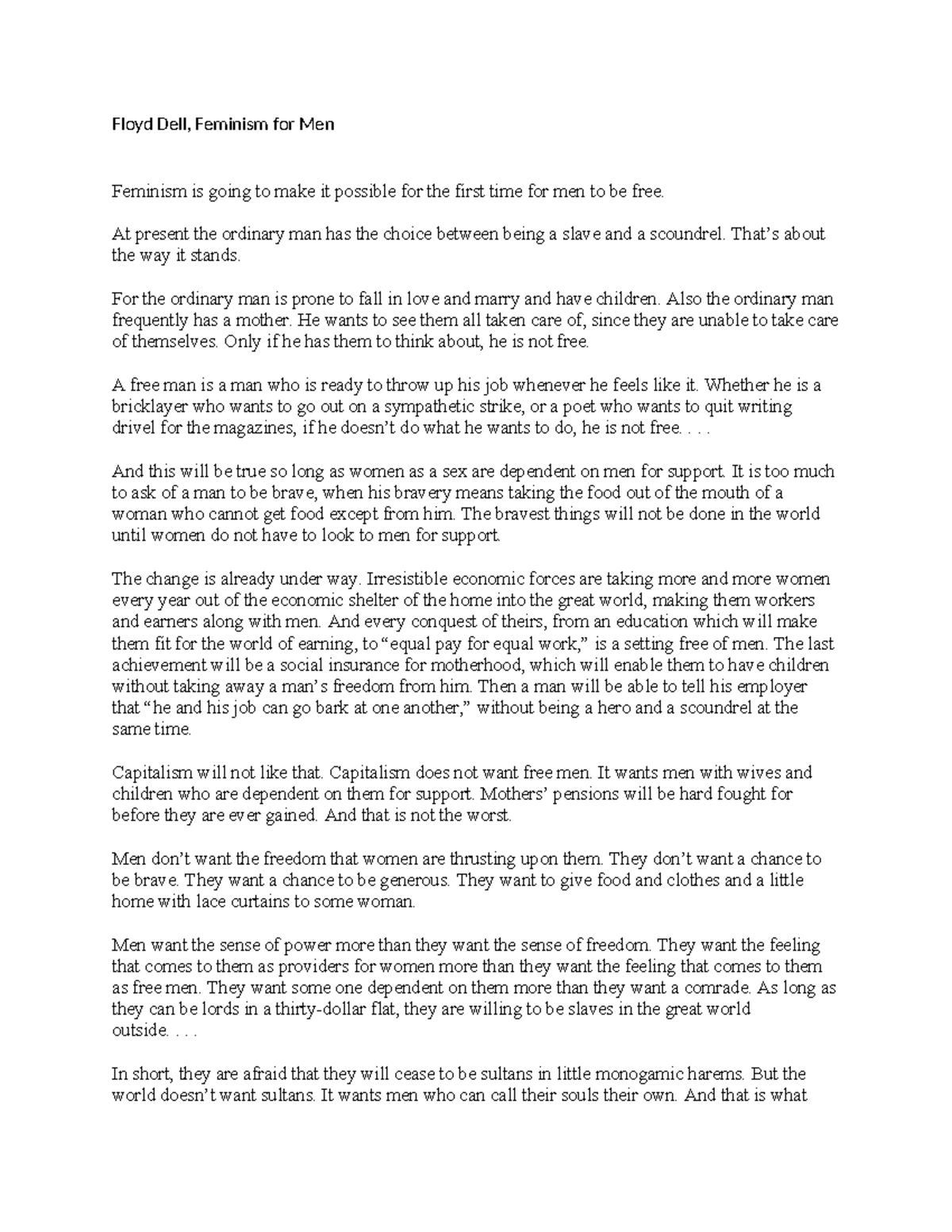 Floyd Dell, Feminism for Men Tagged THT 110 Studocu