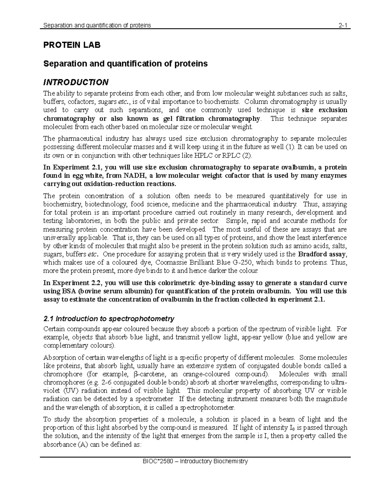 Protein Lab Manual - Separation and quantification of proteins 2 ...