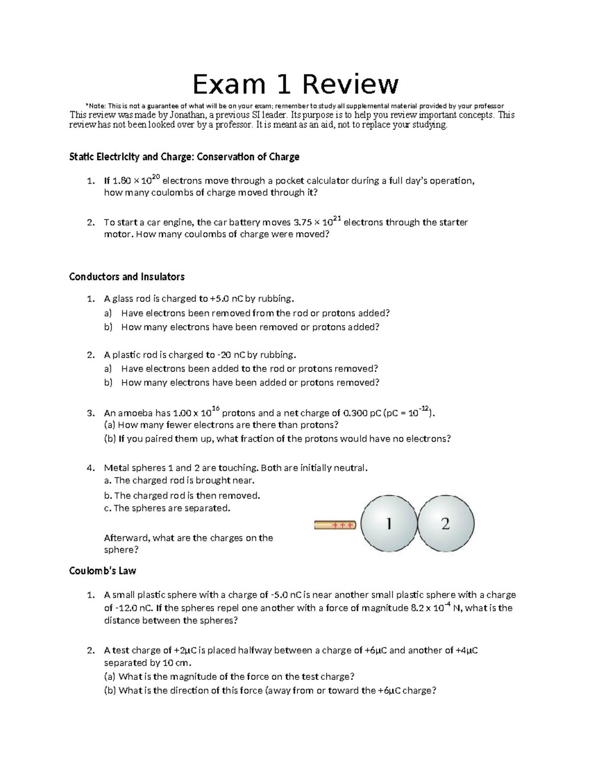 Phy 2054 final exam review - Exam 1 Review *Note: This is not a ...