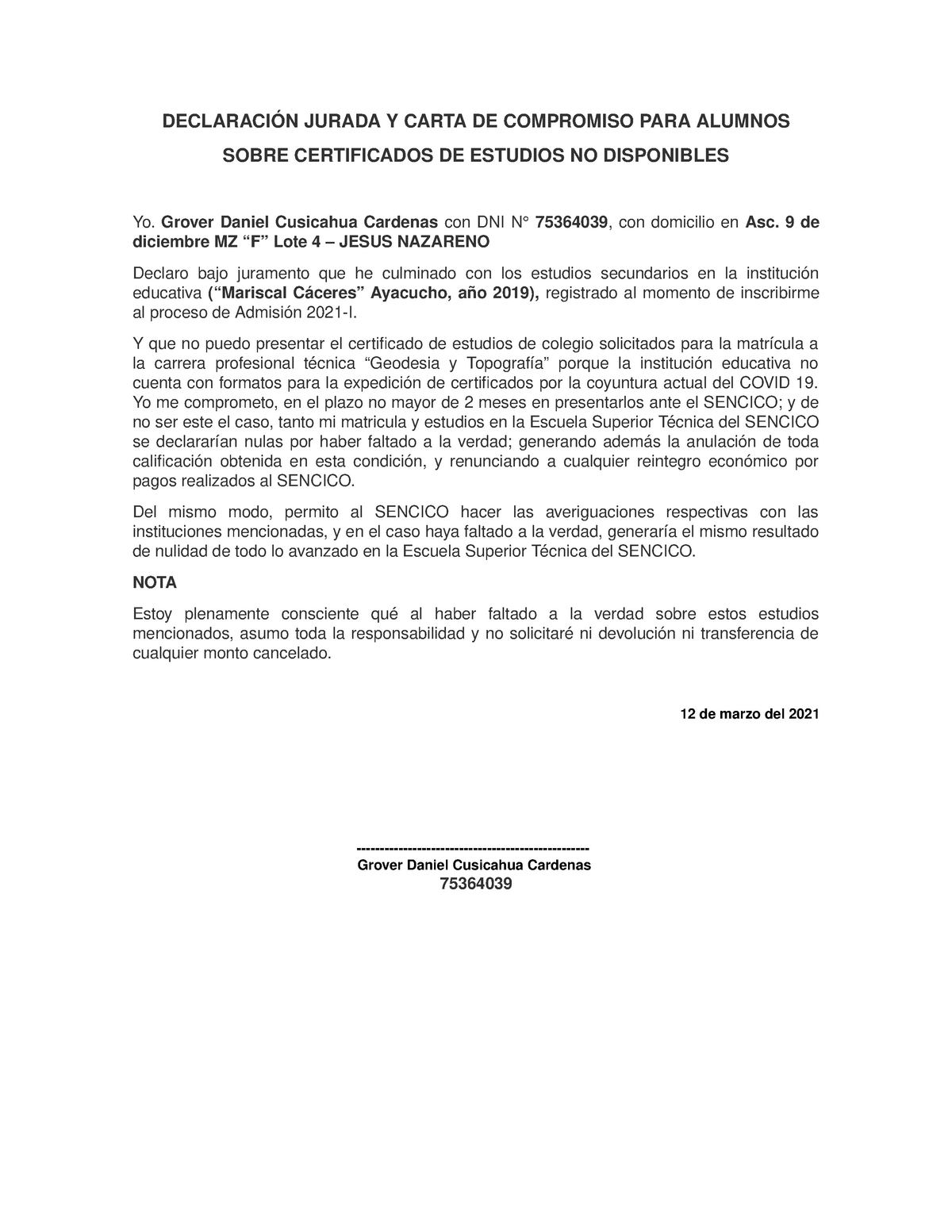 Carta De Declaracion Jurada Ejemplo About Quotes G Im 8139