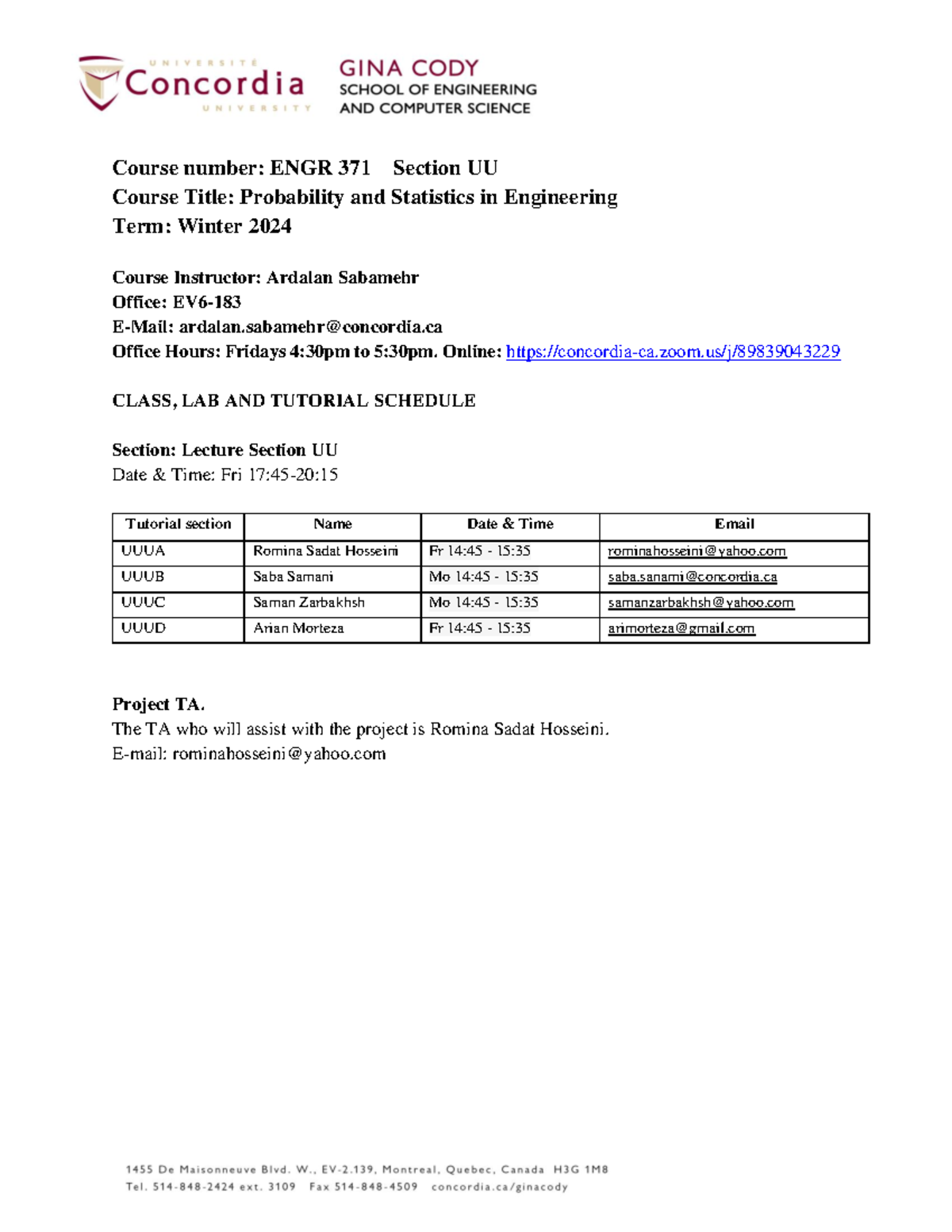 Course Outline winter 2024 - Course number: ENGR 371 Section UU Course ...