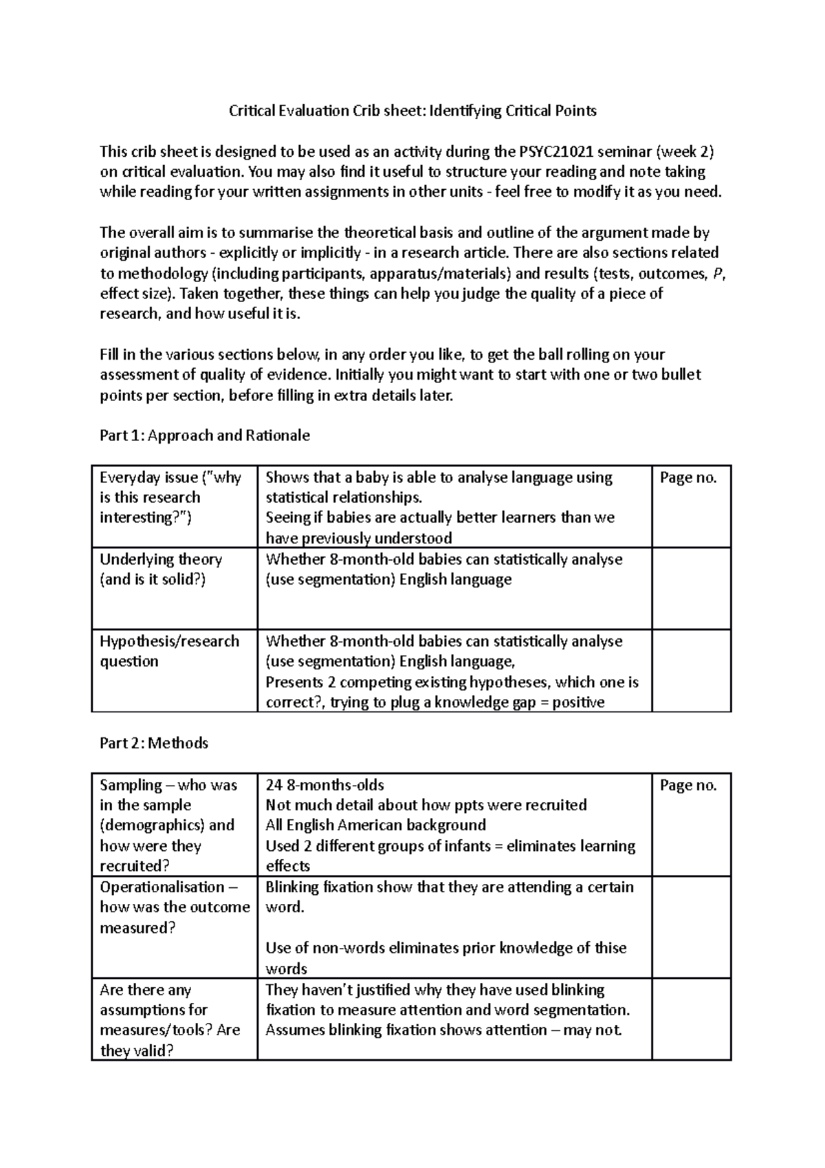 Critical Evaluation Cribsheet[ 80] Critical Evaluation Crib sheet
