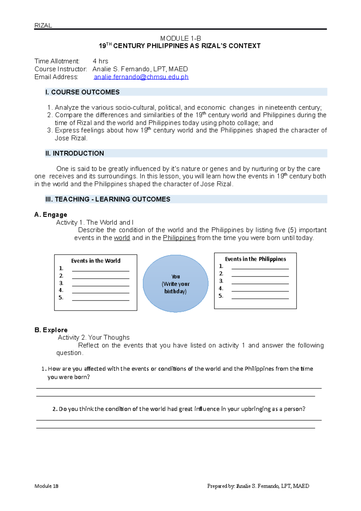 Rizal Module 1B - Good luck - MODULE 1-B 19 TH CENTURY PHILIPPINES AS ...