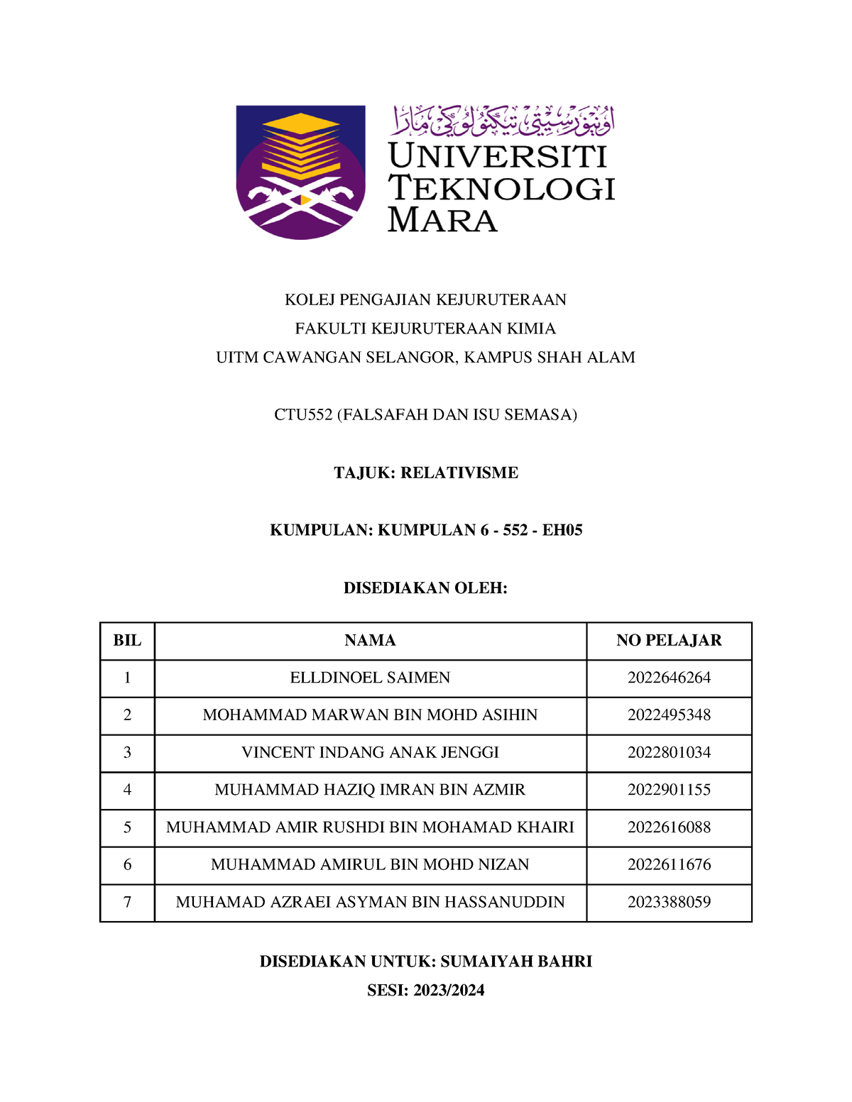 Relativisme Assignment 1 CTU552 - KOLEJ PENGAJIAN KEJURUTERAAN FAKULTI ...