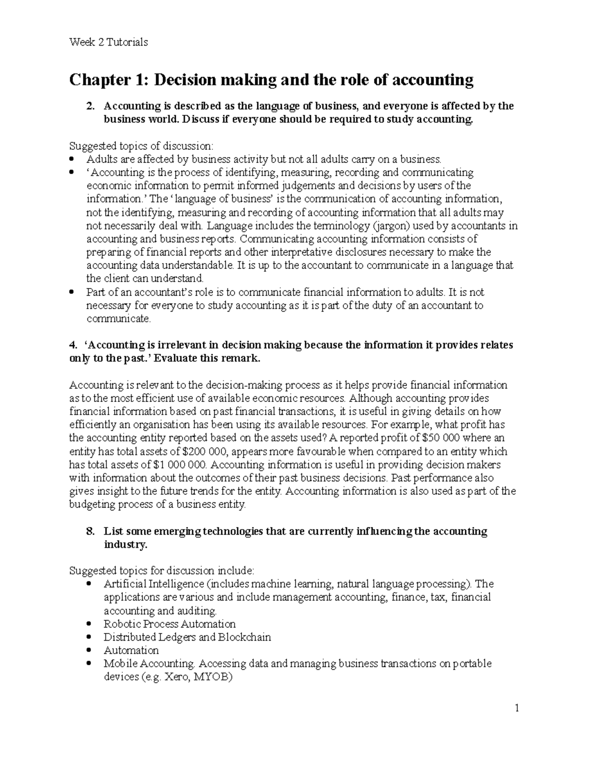 Week 2 Tutorial Solutions - Chapter 1: Decision Making And The Role Of ...