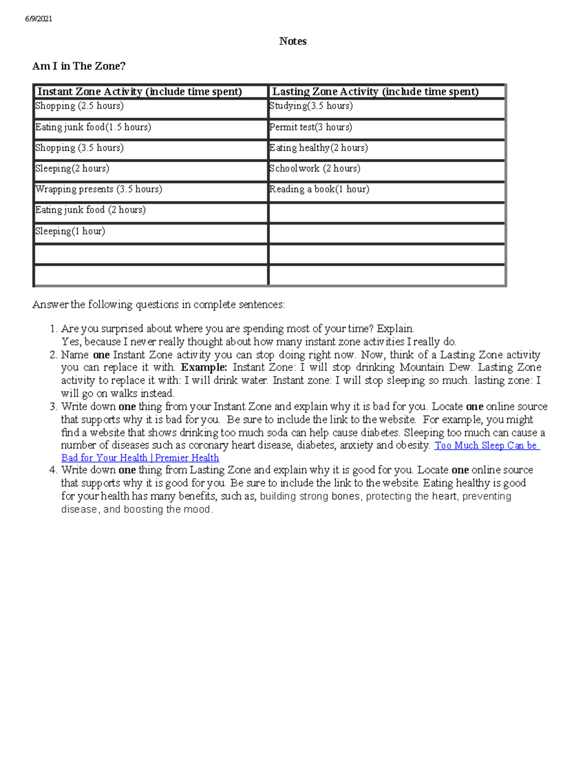 Chart i need this info. 6/9/ Notes Am I in The Zone? Instant Zone
