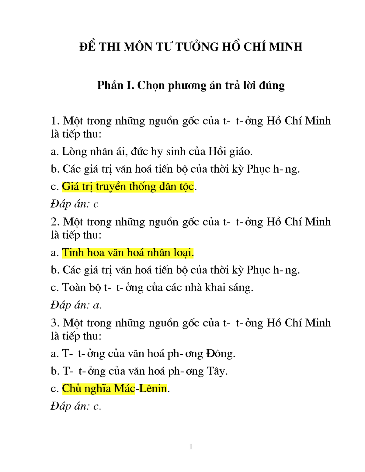 Trăc Nghiệm Tthcm - Ôn Tập - §Ò THI M«n T- T-ëng Hå ChÝ Minh PhÇn I ...