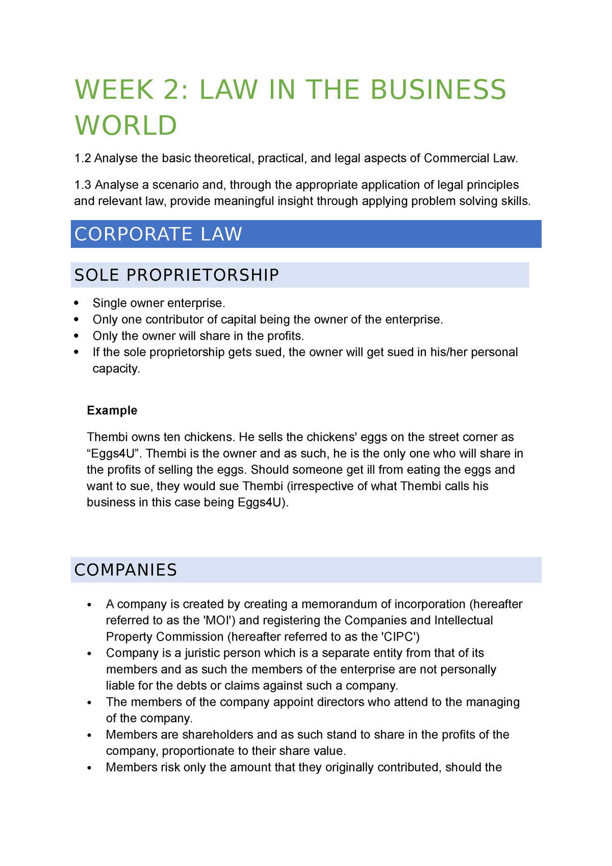 Week 2 - Week 2 Summaries - WEEK 2: LAW IN THE BUSINESS WORLD 1 Analyse ...