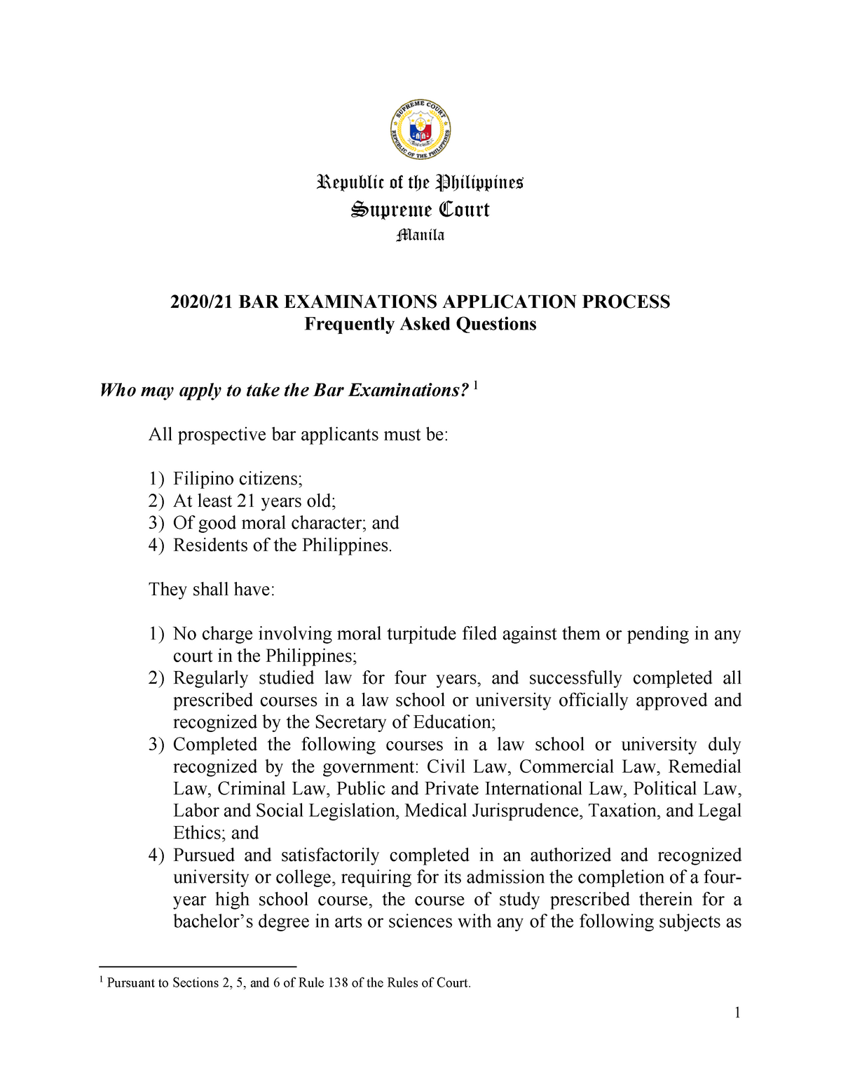 Bar Examination Frequently Asked Questions 2020 Republic of the