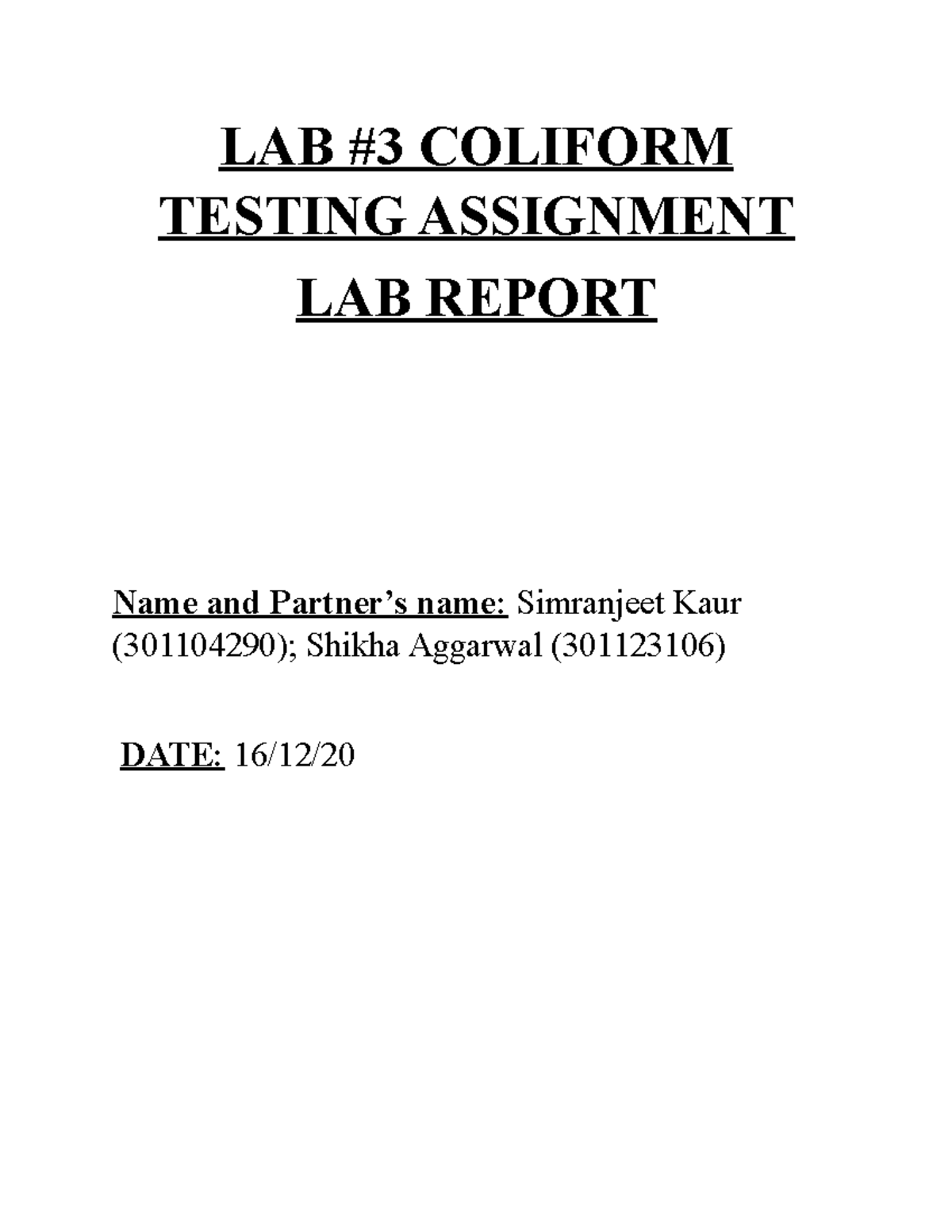 LAB 111 - laboratory material - LAB #3 COLIFORM TESTING ASSIGNMENT LAB ...