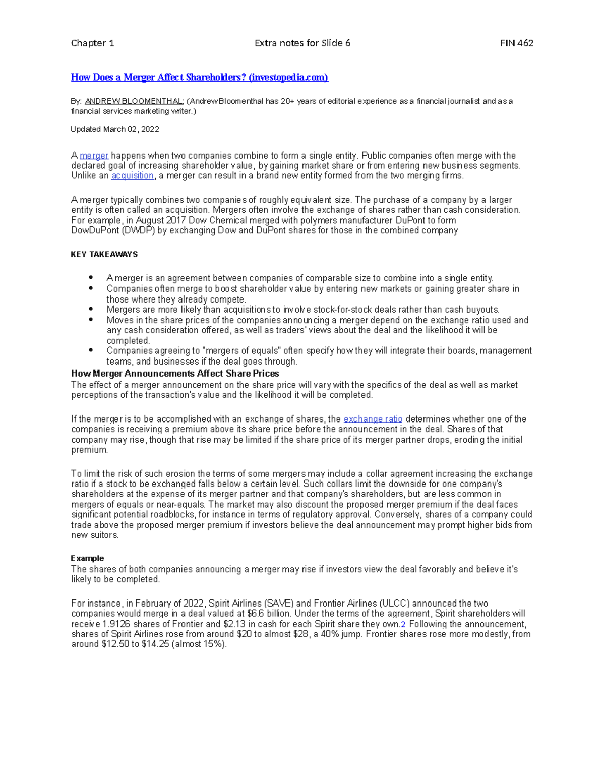 Chapter 1 How Does a Merger Affect Shareholders - Chapter 1 Extra notes ...