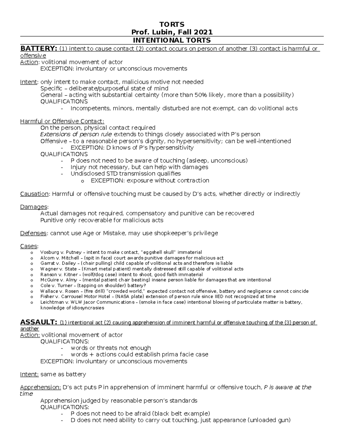 Torts Outline - TORTS Prof. Lubin, Fall 2021 INTENTIONAL TORTS BATTERY ...