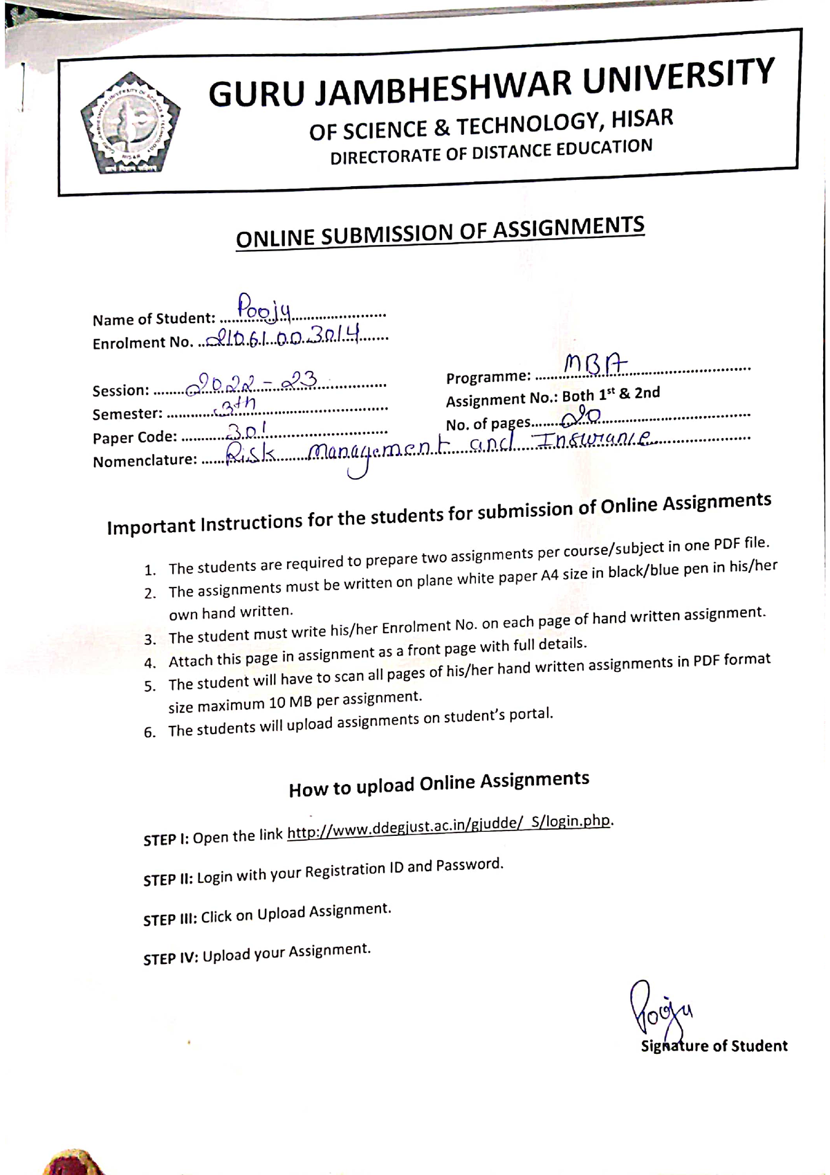 gju distance assignment front page pdf