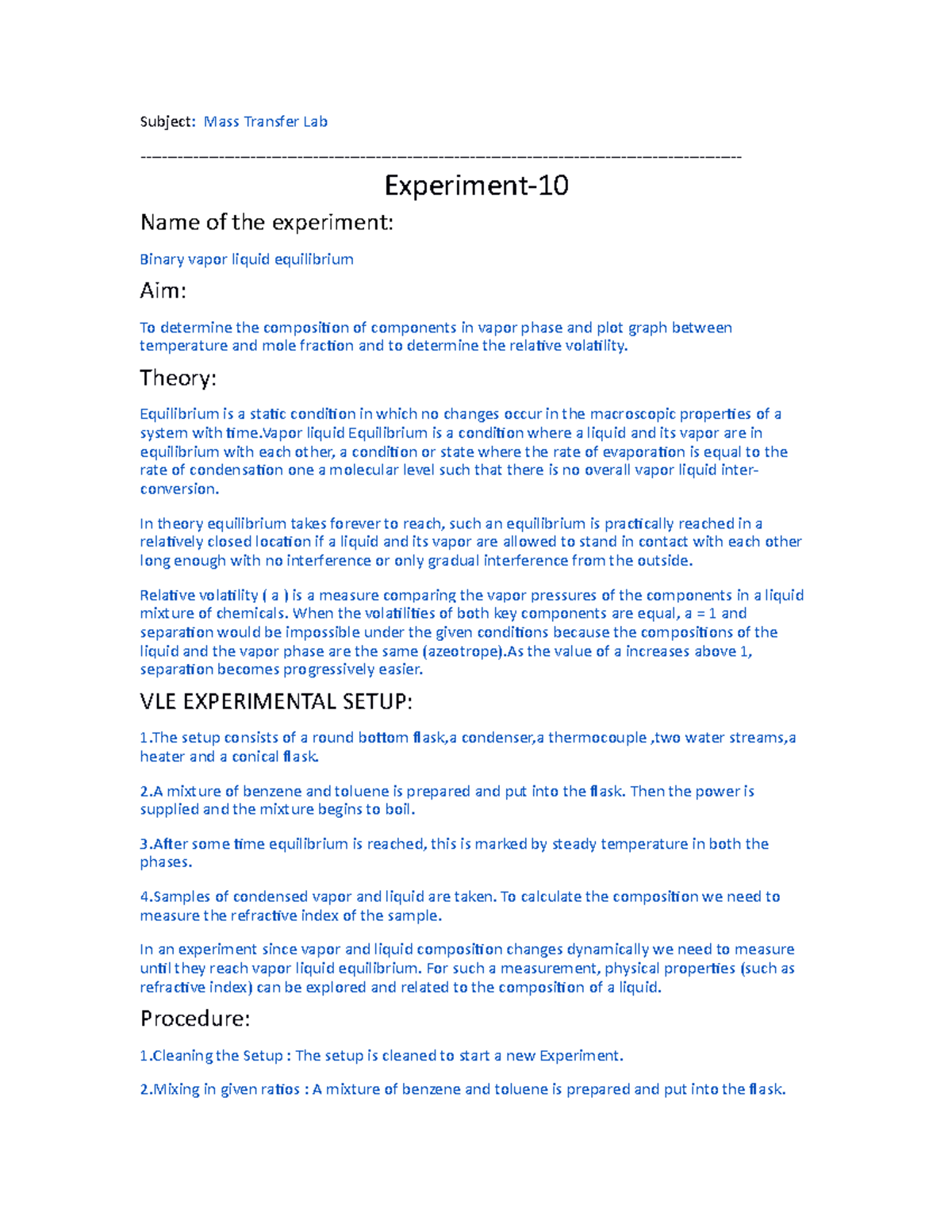 vapor liquid equilibrium experiment report