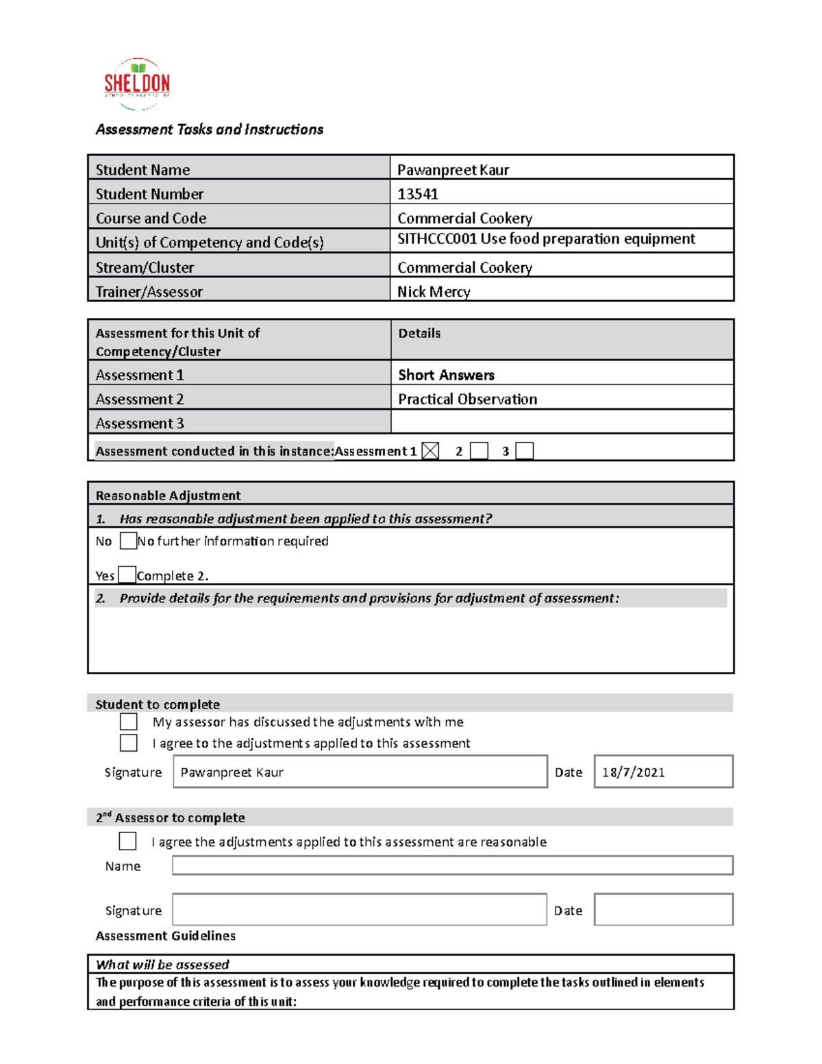 Sithccc 001 Assessment 1 -short Answers - Assessment Tasks And 