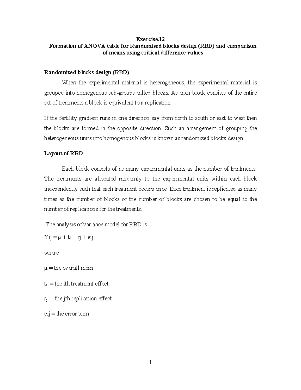 Pract 12 - Notes - Exercise. 12 Formation of ANOVA table for Randomised ...