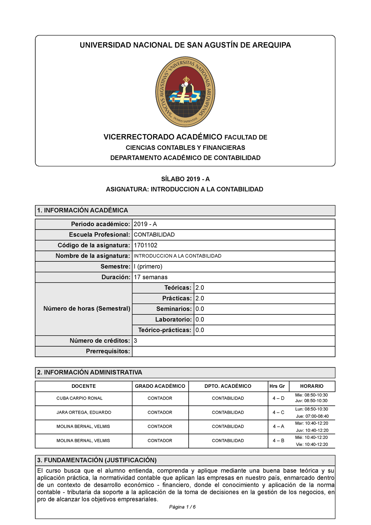 0 Silabo De Introduccion A La Contabilidad - Página 1 / 6 UNIVERSIDAD ...