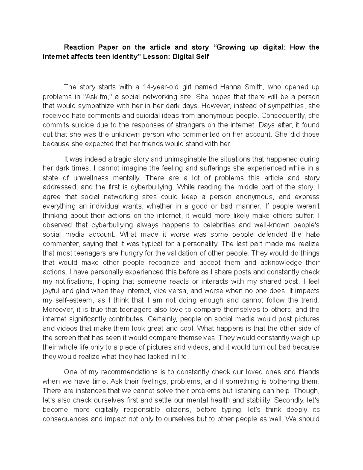 Reaction Paper to story How the internet affects teen identity Digital ...