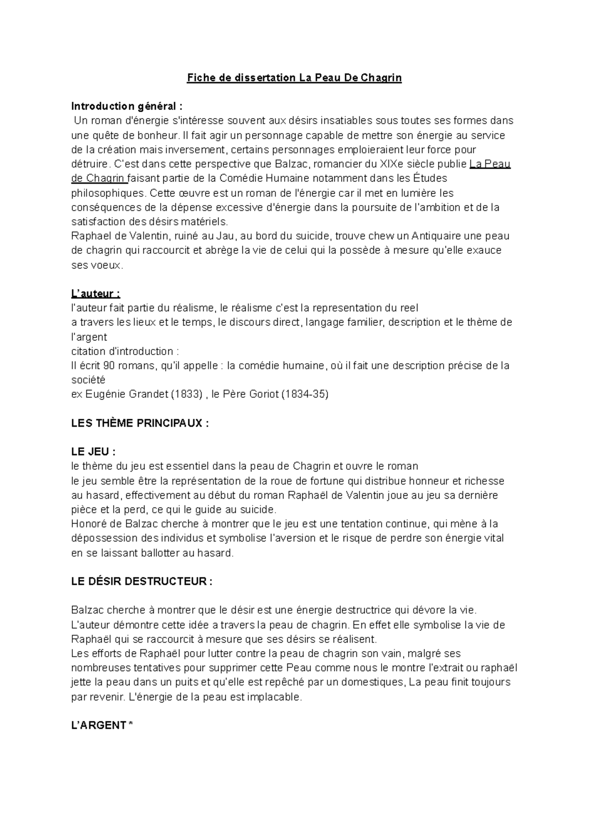 plan dissertation la peau de chagrin