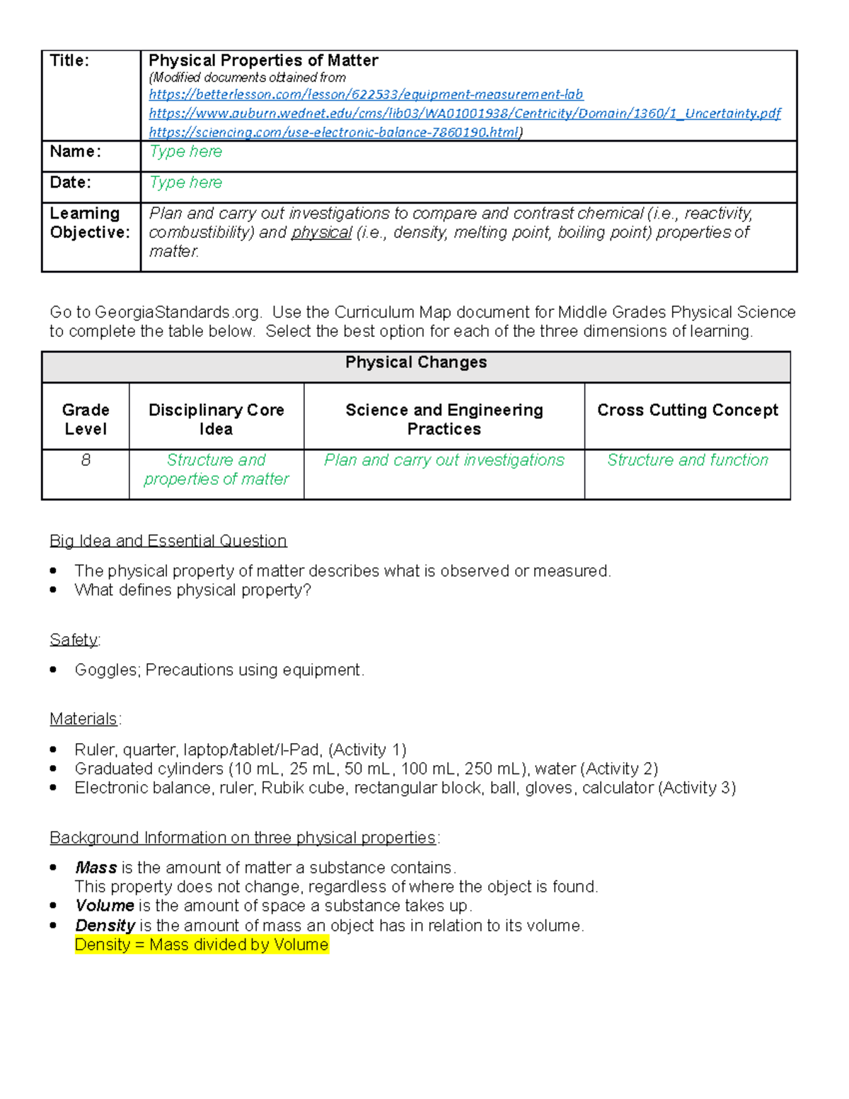 Physical Module 1 Lab 1 Worksheet - Title: Physical Properties of ...