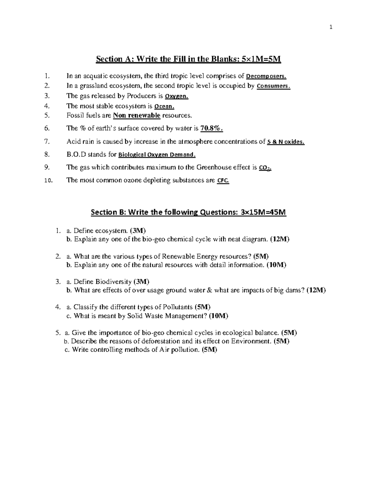Question paper & Notes for ES Exam-2023-24-SEM-I - Section A: Write the ...
