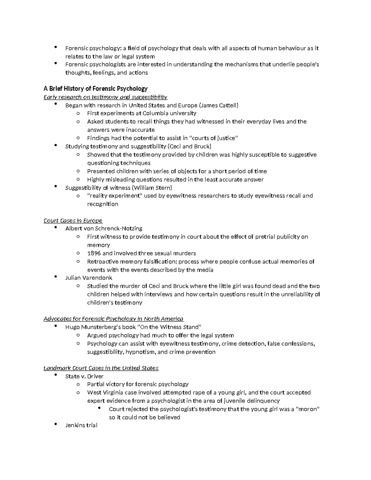 Psych 2032 Chapter 1 - textbook notes - Forensic psychology: a field of ...