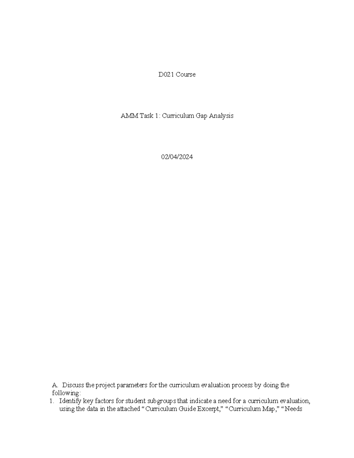 D021 Task 1 Crriculum Gap Analysis D 0221 - D021 Course AMM Task 1 ...