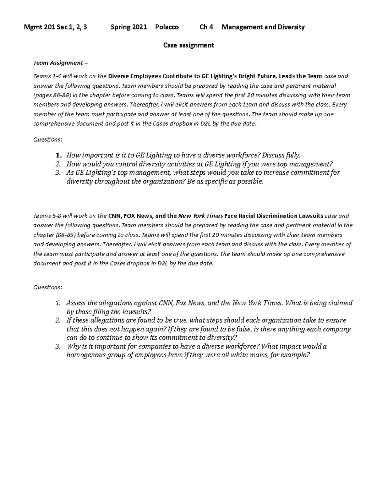 Chapter 4 Case assignment - Mgmt 201 Sec 1, 2, 3 Spring 2021 Polacco Ch ...
