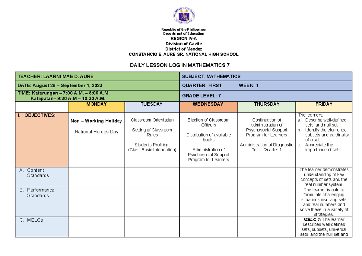 1st Q. DLL Math 7 - Week 1 - daily lesson log - Republic of the ...