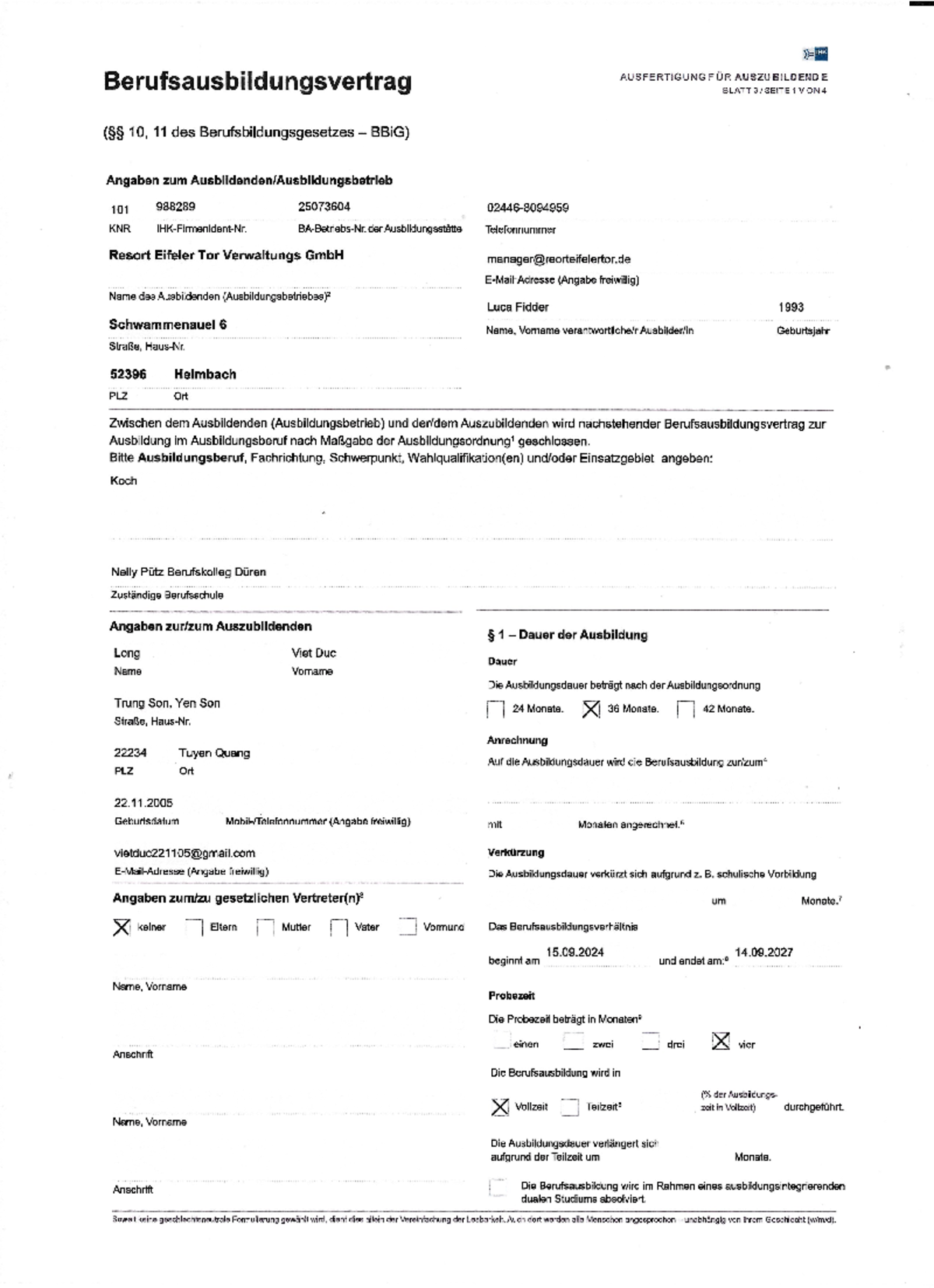 Ausbildungsvertrag Berufsausbildungsvertrag AUSFERTIGUNG F ÜR