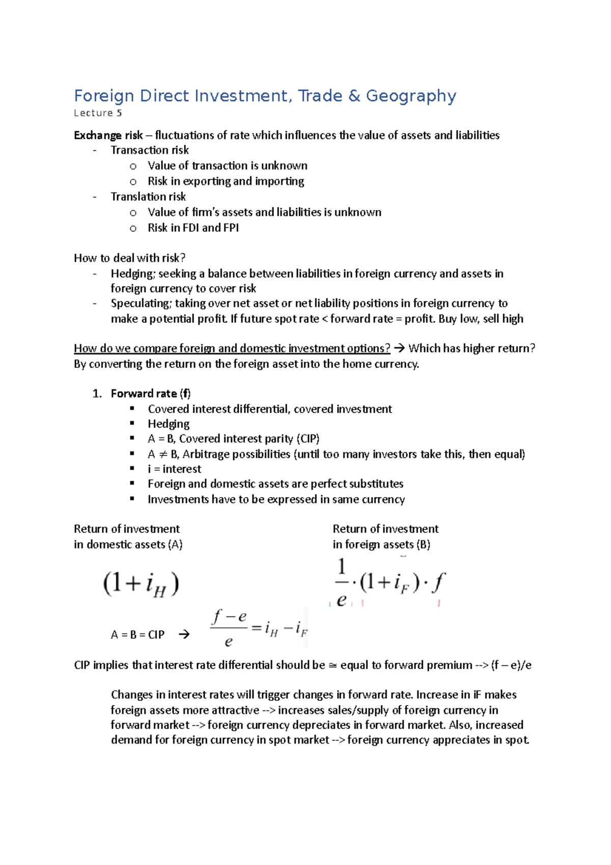 Samenvatting Lecture 5 + Boek - Foreign Direct Investment, Trade ...