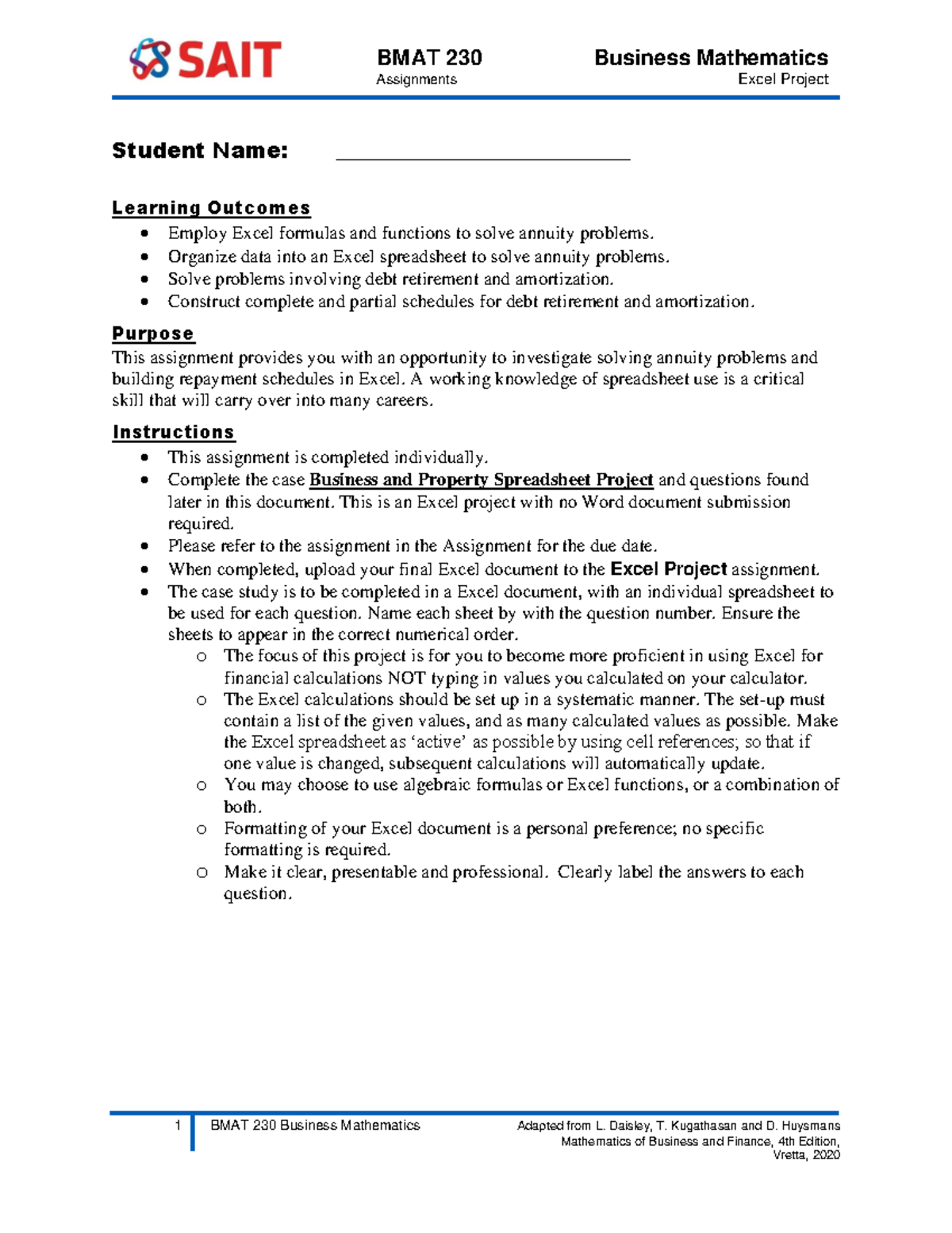 Excel Project Assignment - BMAT 230 Business Mathematics Assignments ...