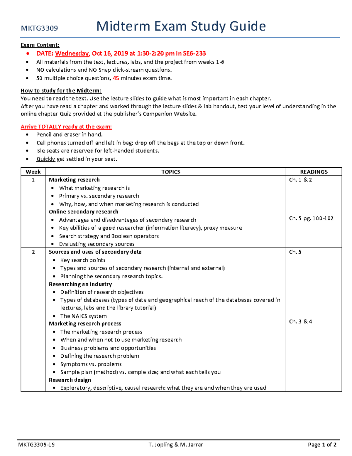 3309-19 Midterm Study Guide - MKTG3309-19 T. Jopling & M. Jarrar Page 1 ...