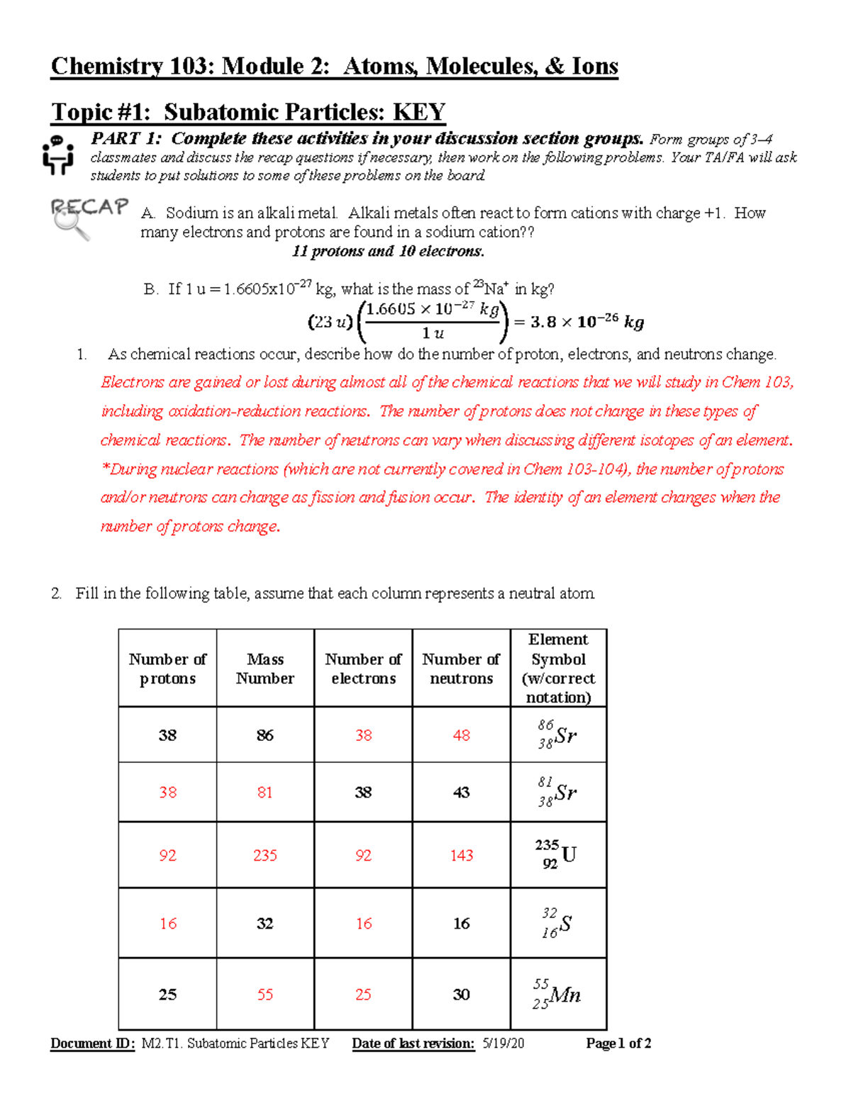 103 M2 T1 KEY - prac exam key - Document ID: M2. Subatomic Particles ...