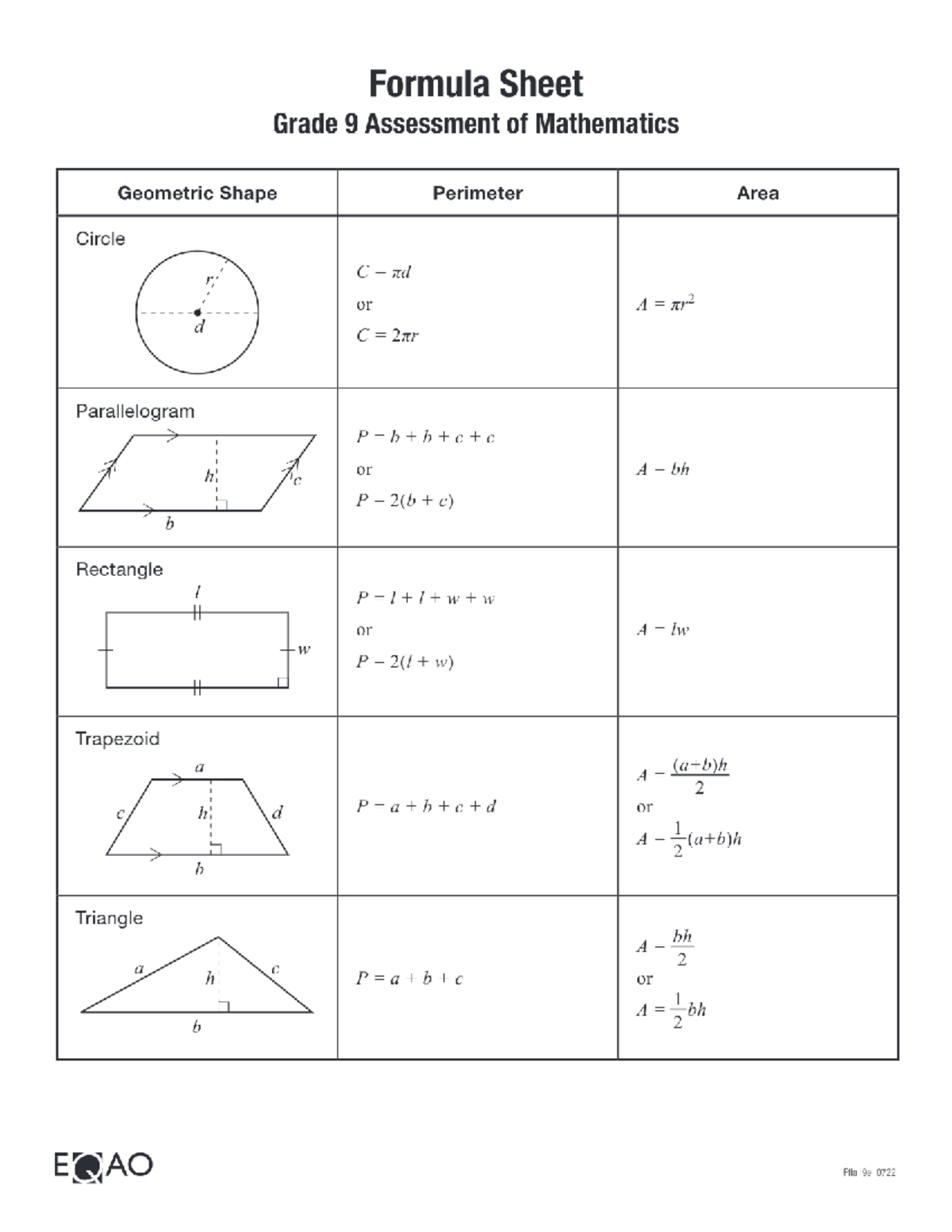 Formula Sheet Mathematics—Junior Division - Attachment PDF EQAO Formula ...