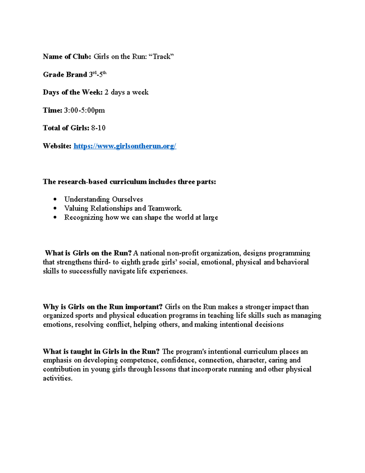 Girls on the Run Club Leader Name of Club Girls on the Run “Track